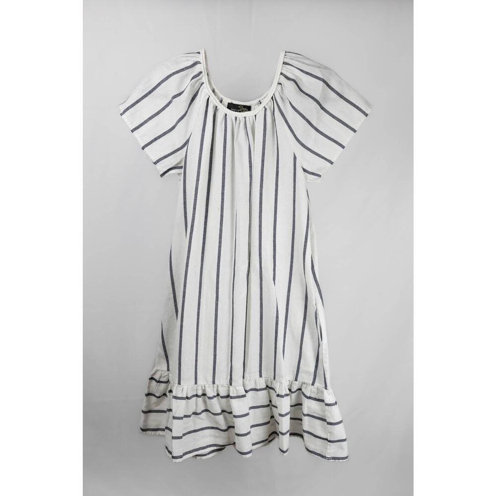 Suzanne Betro Size Small Dress Off-Shoulder Ruffled Striped Blue & White